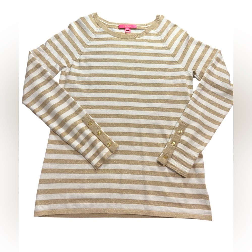 Lilly Pulitzer Coconut Positano Stripe Crewneck Dinah Sweater Gold White M EUC